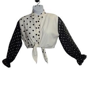 VINTAGE 90s black and white polka dot long sleeve‎ button up tie crop top S